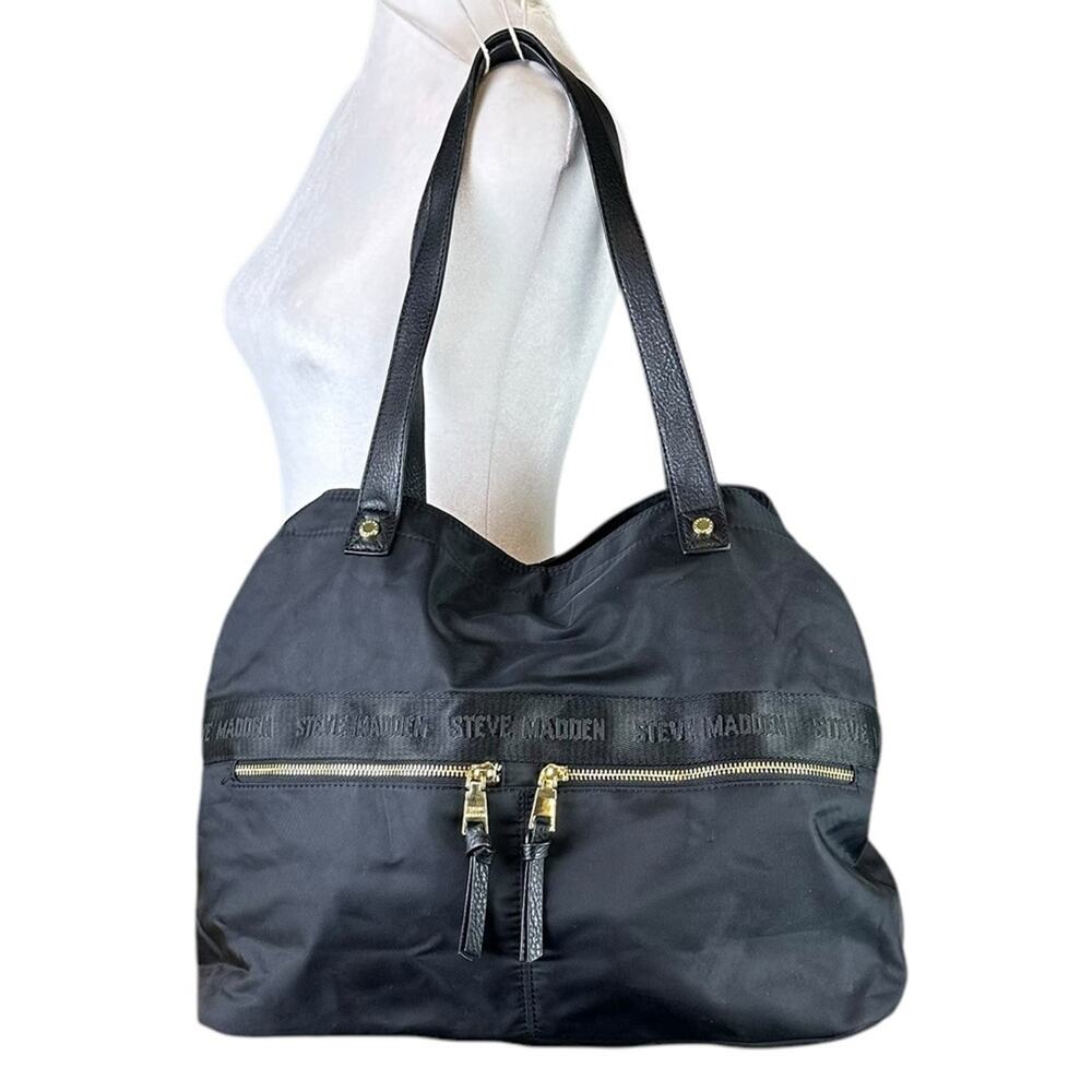 Steve Madden Nylon Tote Bag Logo Stripe Large Black